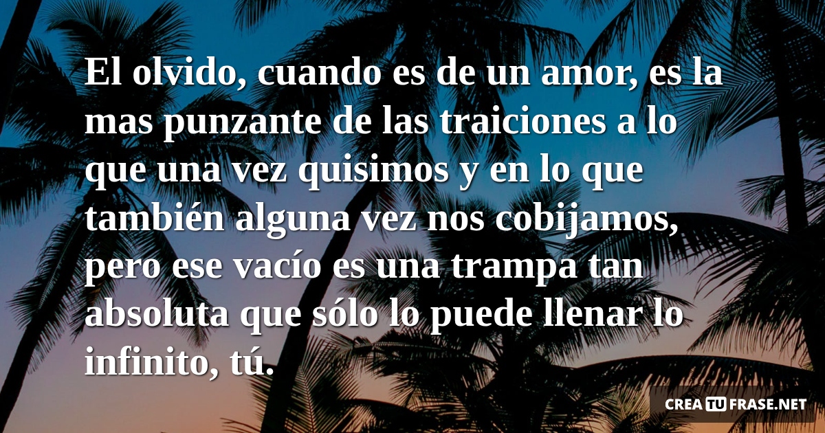 Frases de Amor - El olvido, cuando es de un amor, es la mas punzante de las traiciones a lo que una vez quisimos y en lo que también alguna vez nos cobijamos, pero ese vacío es una trampa tan absoluta que sólo lo puede llenar lo infinito, tú.