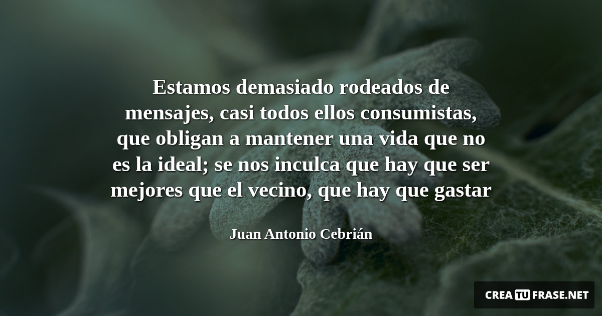 Frases de la Vida - Estamos demasiado rodeados de mensajes, casi todos ellos consumistas, que obligan a mantener una vida que no es la ideal; se nos inculca que hay que ser mejores que el vecino, que hay que gastar