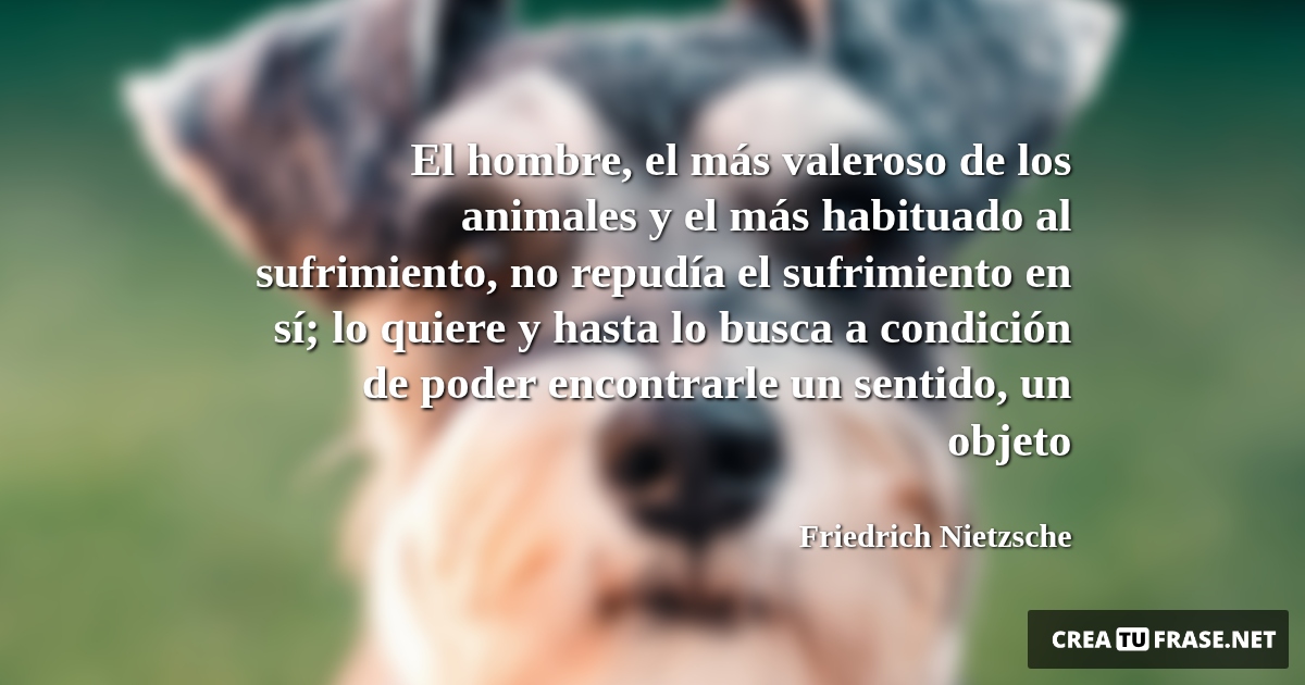 Frases de Animales - El hombre, el más valeroso de los animales y el más habituado al sufrimiento, no repudía el sufrimiento en sí; lo quiere y hasta lo busca a condición de poder encontrarle un sentido, un objeto