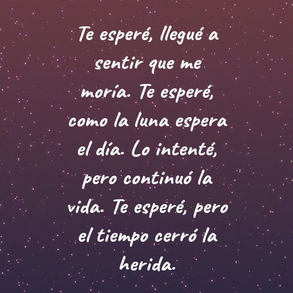 Frases de Desamor - Te esperé, llegué a sentir que me moría. Te esperé, como la luna espera el día. Lo intenté, pero continuó la vida. Te esperé, pero el tiempo cerró la herida.
